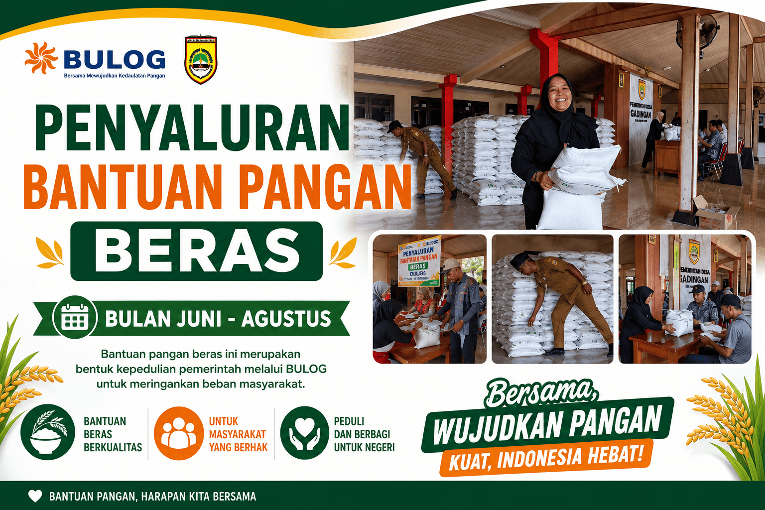 Penyaluran Bantuan Pangan Beras Bulan Juni–Agustus oleh BULOG di Desa Gadingan