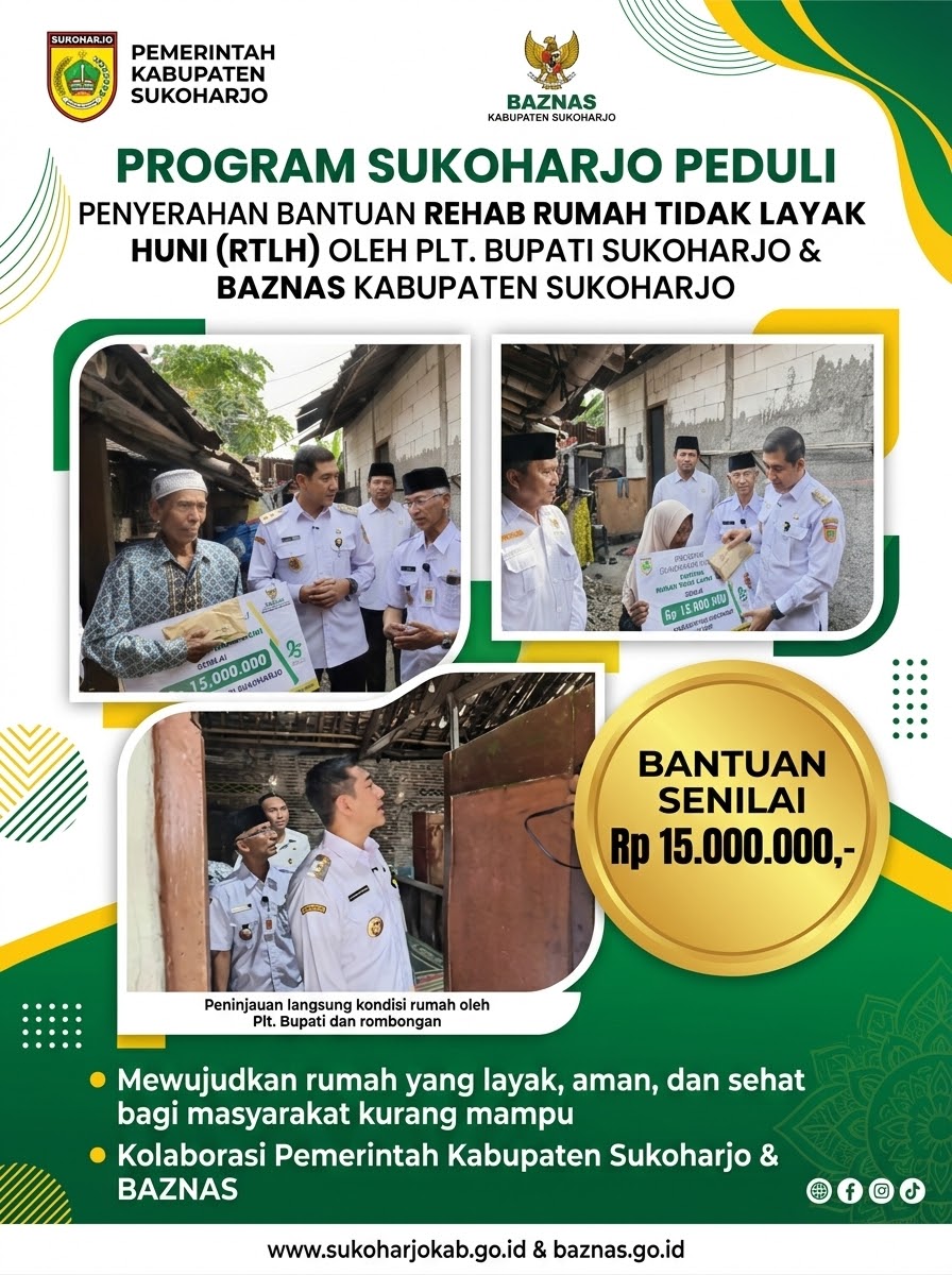 Plt. Bupati Sukoharjo Bersama BAZNAS Serahkan Bantuan Rehab Rumah Tidak Layak Huni (RTLH) Rp 15 Juta
